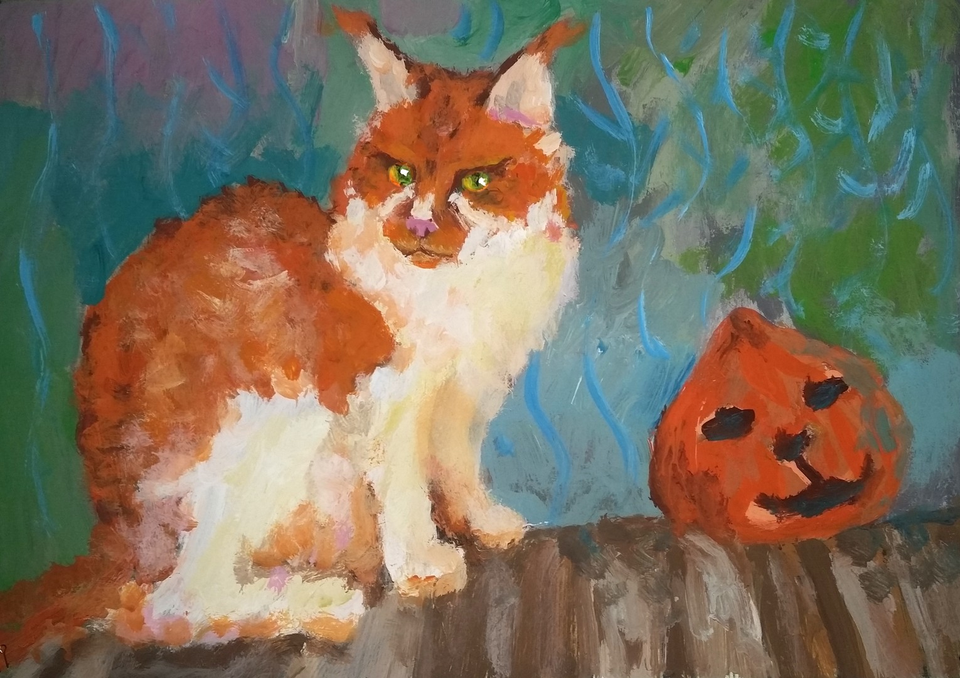 Детский рисунок - Любимая кошка Дуся с тыквой