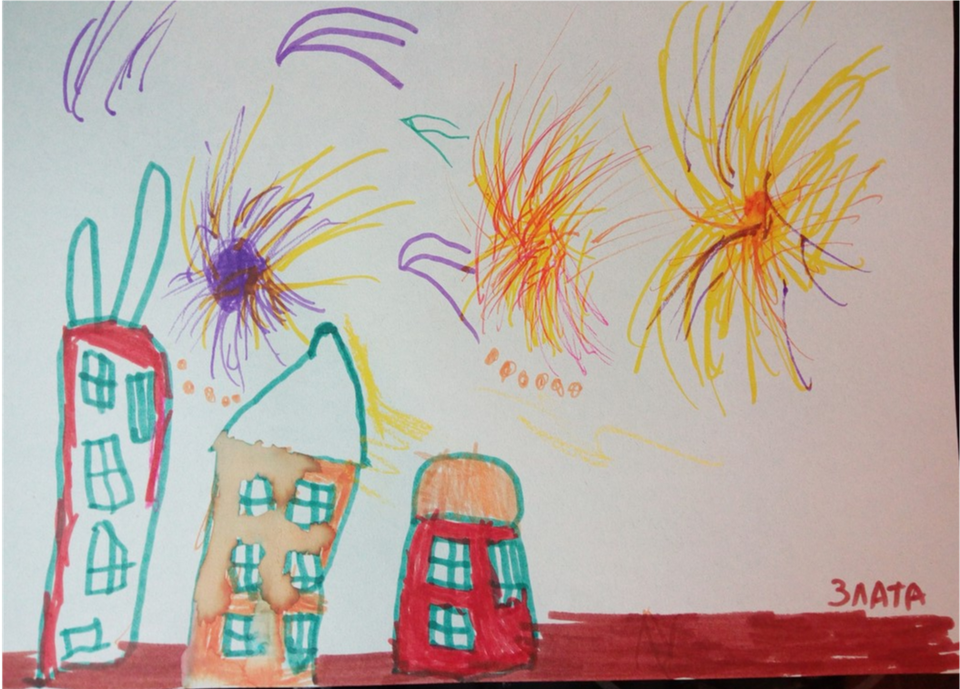 Детский рисунок - Салют в городе