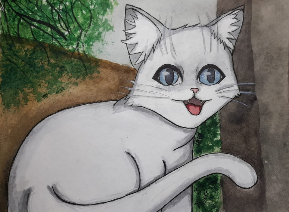 Детский рисунок - Радостный кот