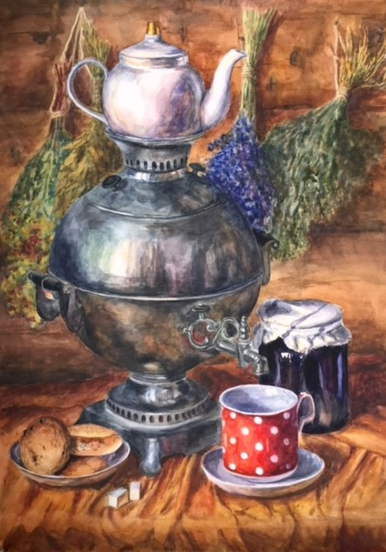 "Натюрморт с самоваром" (бум., акв.)