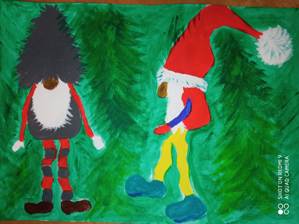 Детский рисунок - Гномики на ёлке