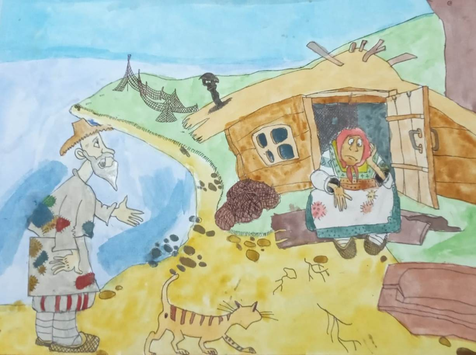 Детский рисунок - Сказка о рыбаке и рыбке