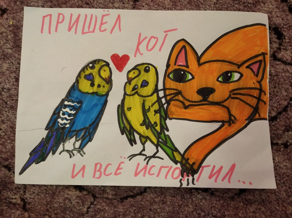 Детский рисунок - вредный кот- карикатура