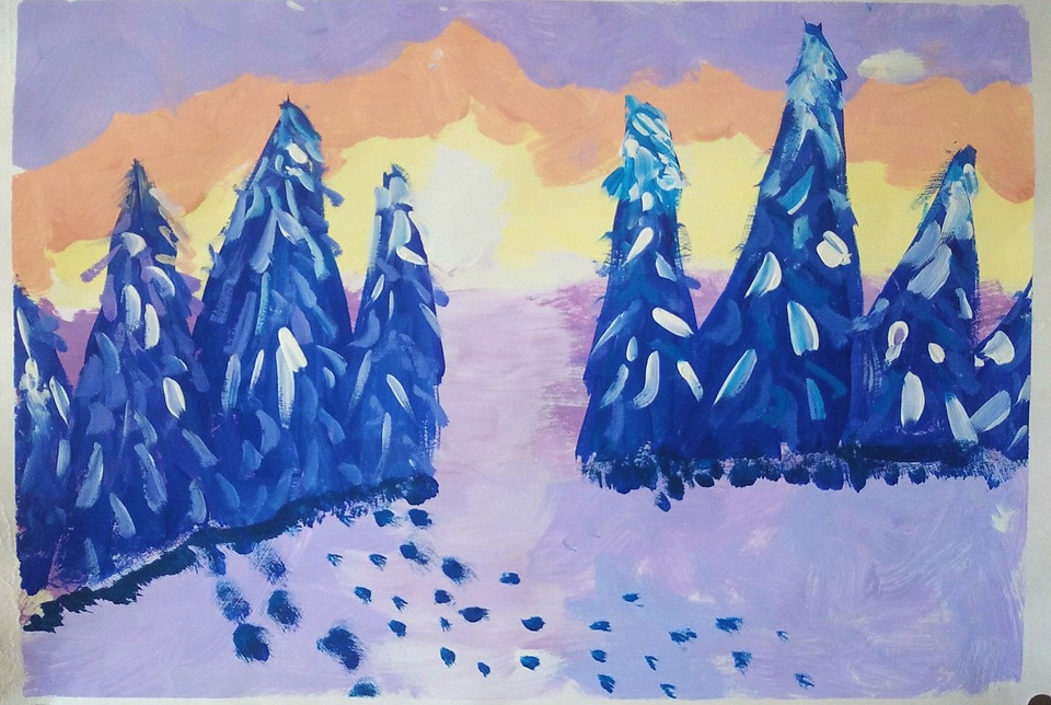 Детский рисунок - Солнце в зимнем лесу